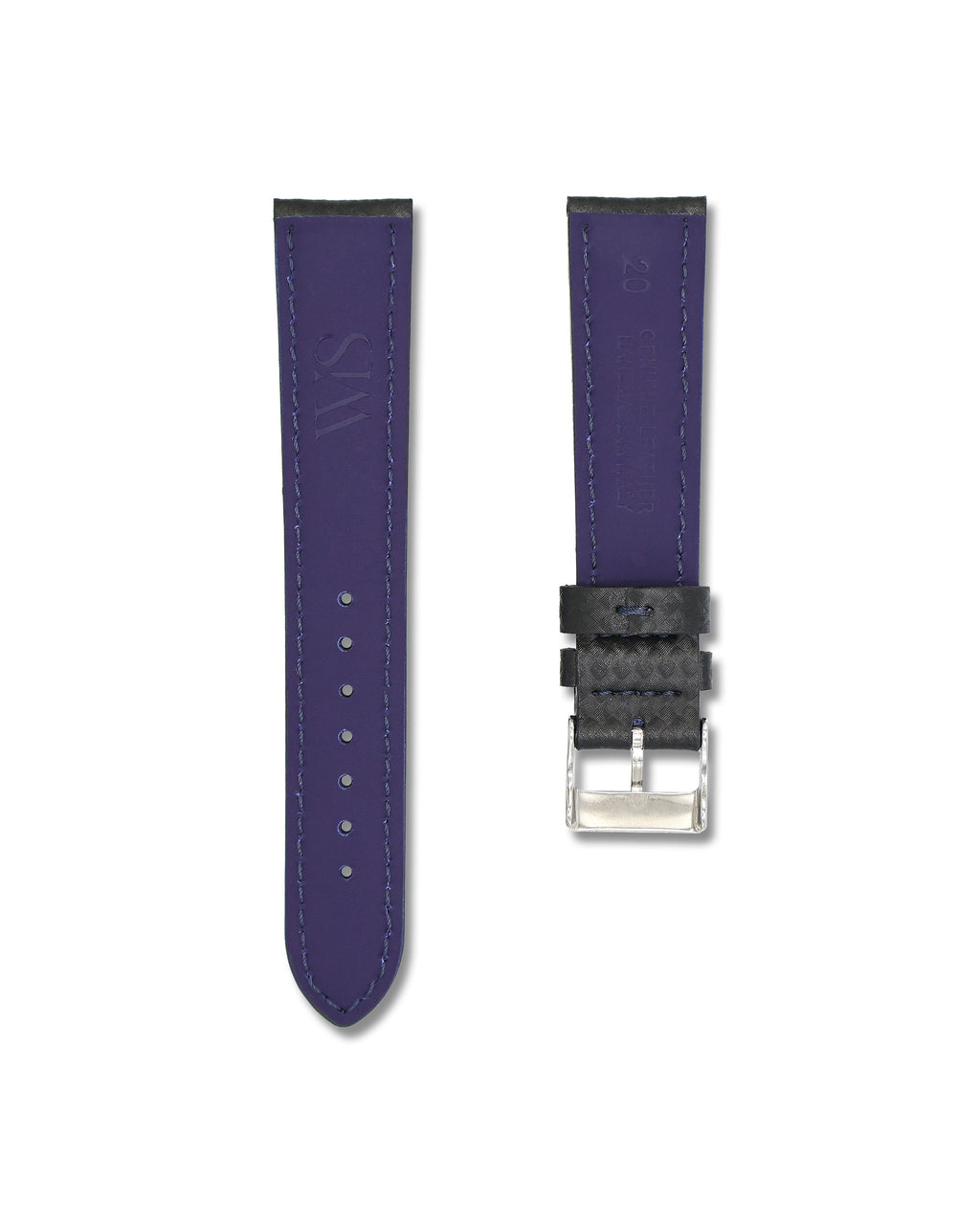 Carbon Fiber Blue Stitched Leather Watch Strap 20mm