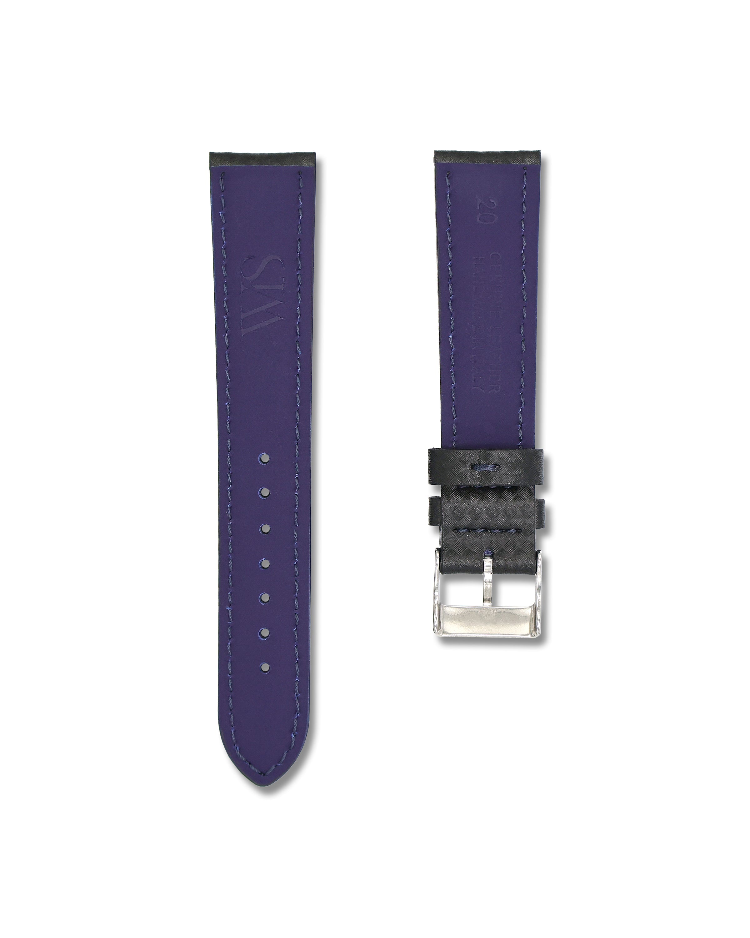 Carbon Fiber Blue Stitched Leather Watch Strap 20mm