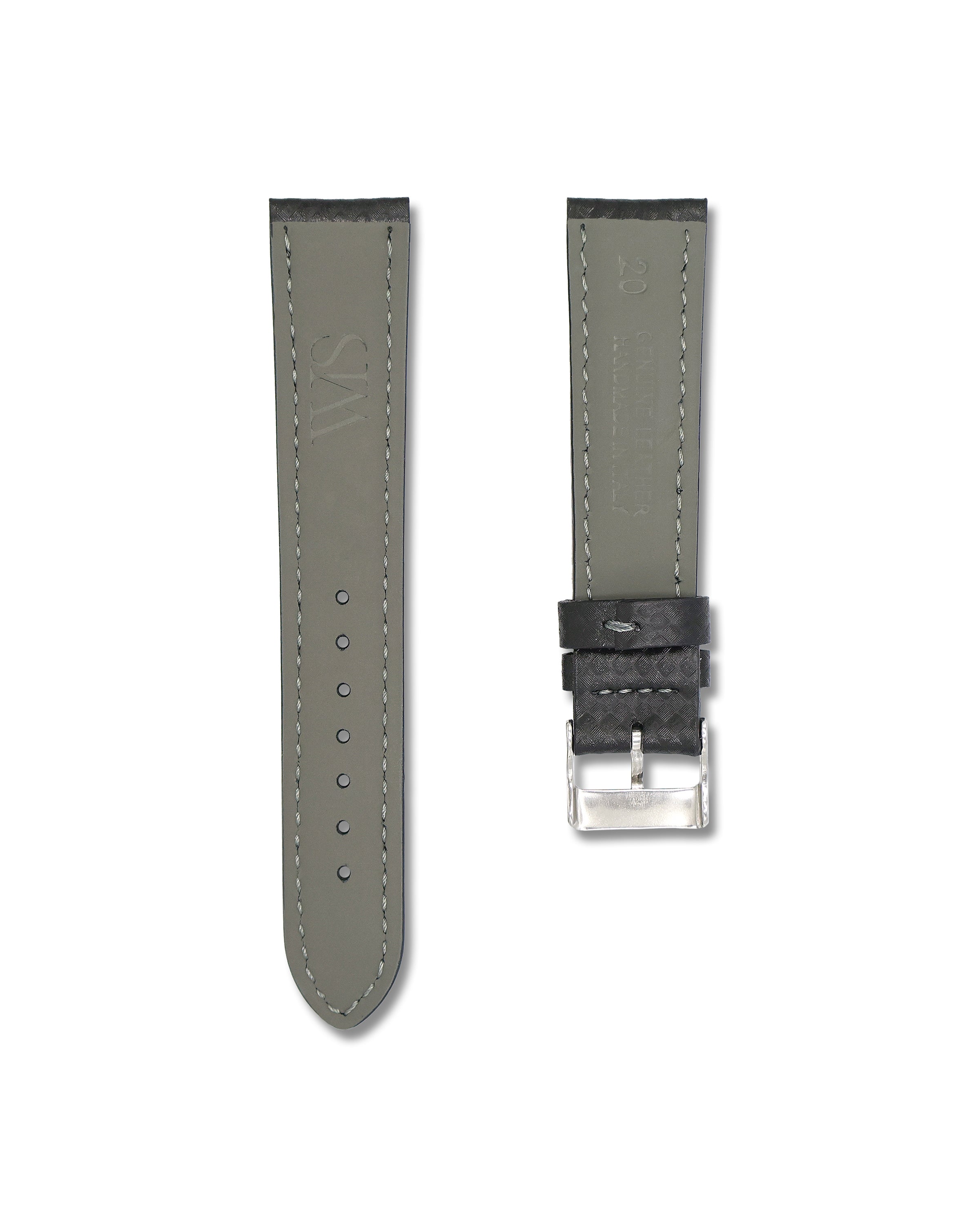 Carbon Fiber Grey Stitched Leather Watch Strap 20mm