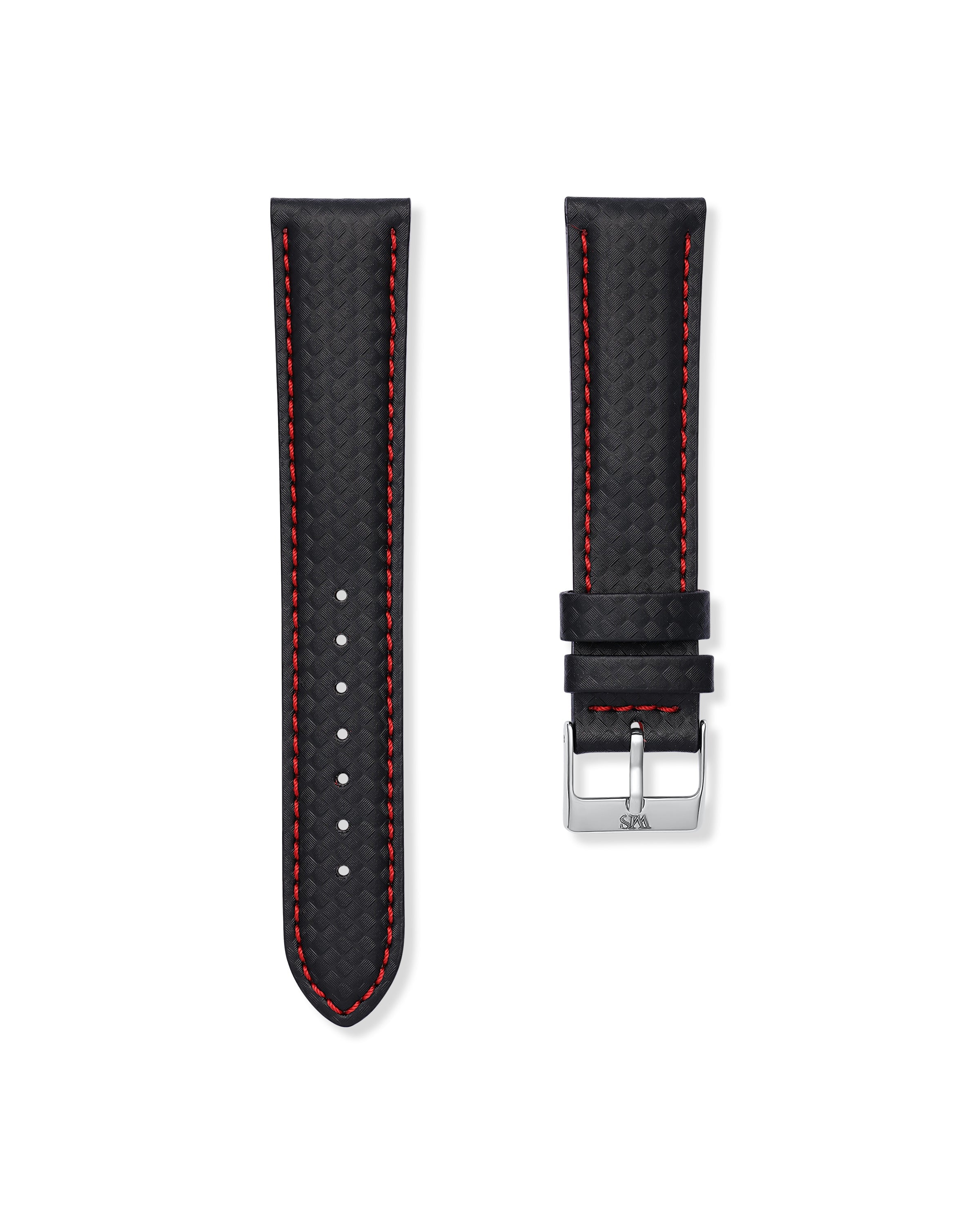 Carbon Fiber Red Stitched Leather Watch Strap 20mm