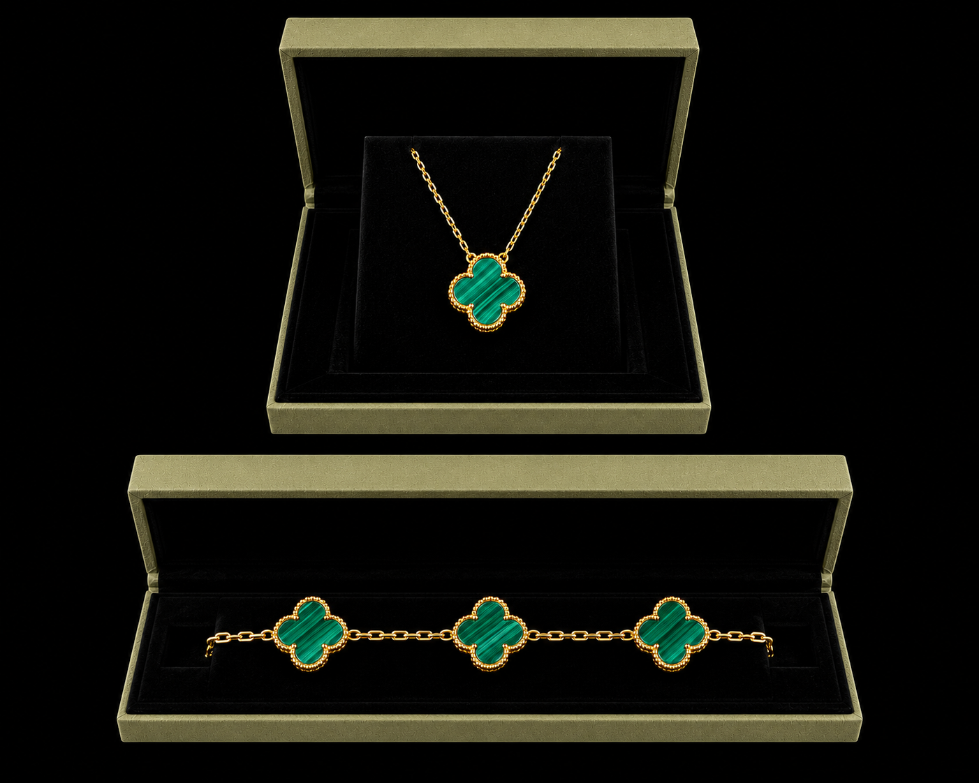 18K Gold Clover Set green stones – Bracelet and Necklace Combination