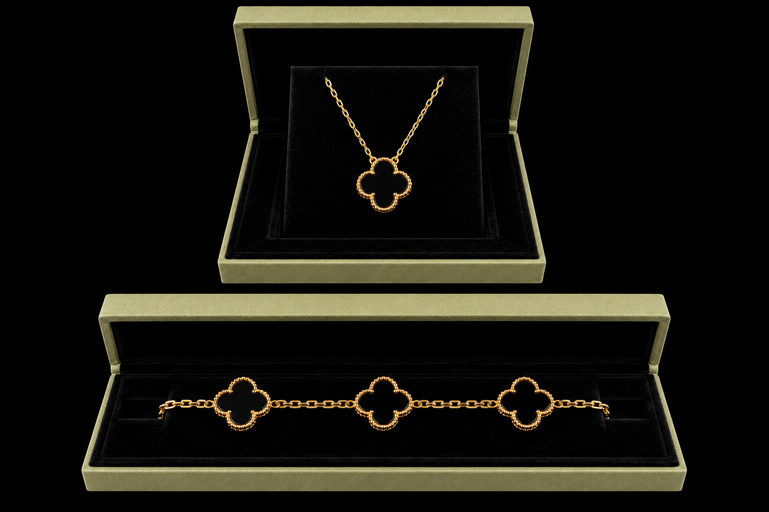 18K Gold Black Clover Set – Necklace & Bracelet Combination