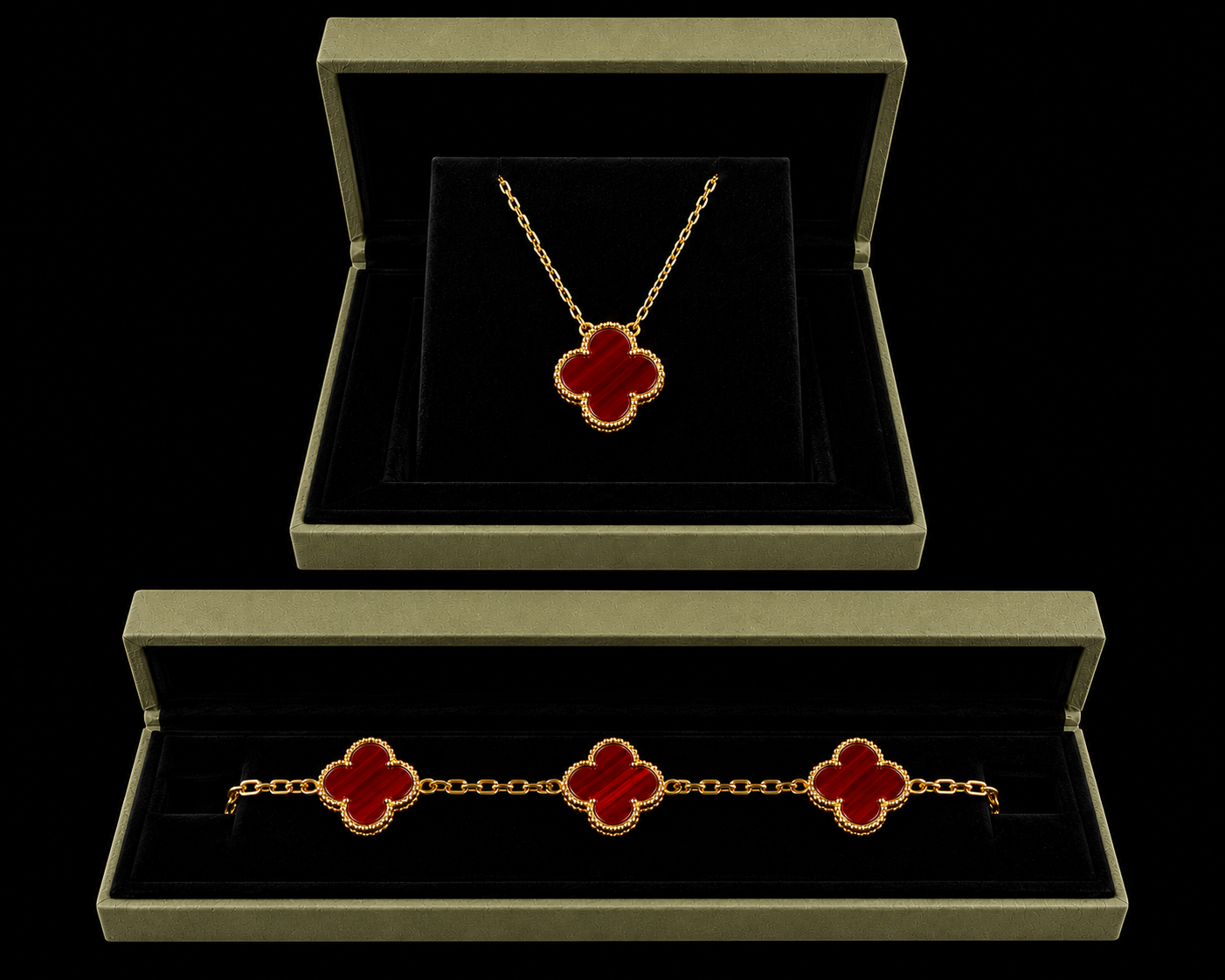 18K Gold Red Clover Set – Necklace &  Bracelet Combination