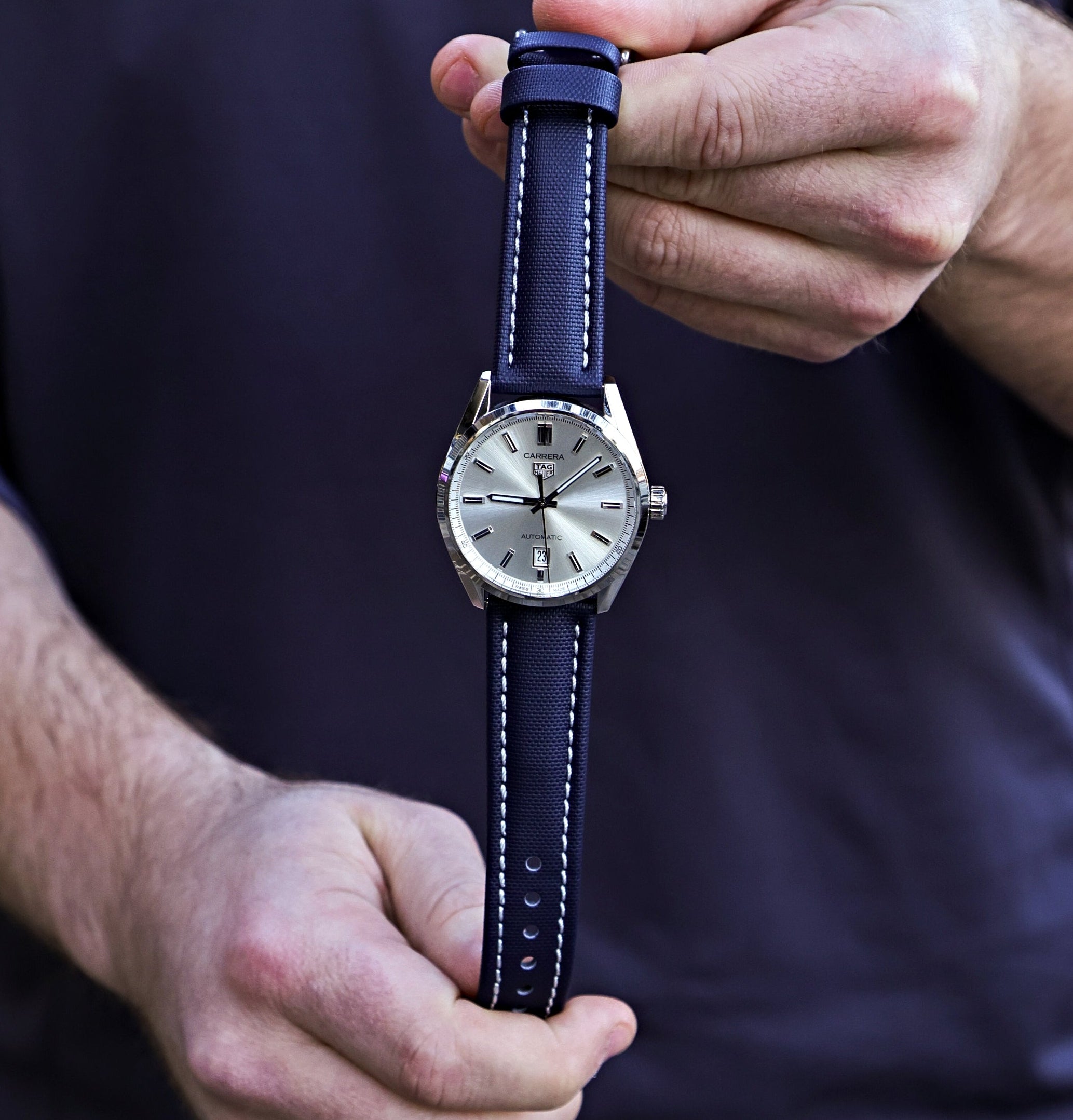 Midnight Blue White Stitched Sailcloth Strap 20mm