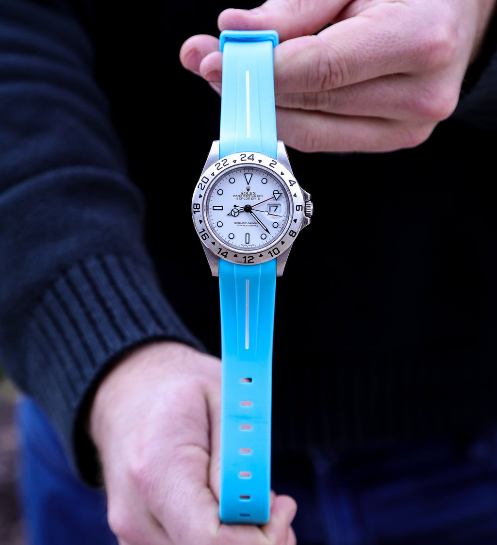 Miami Blue with White Stripe Curved Rubber Strap 20mm